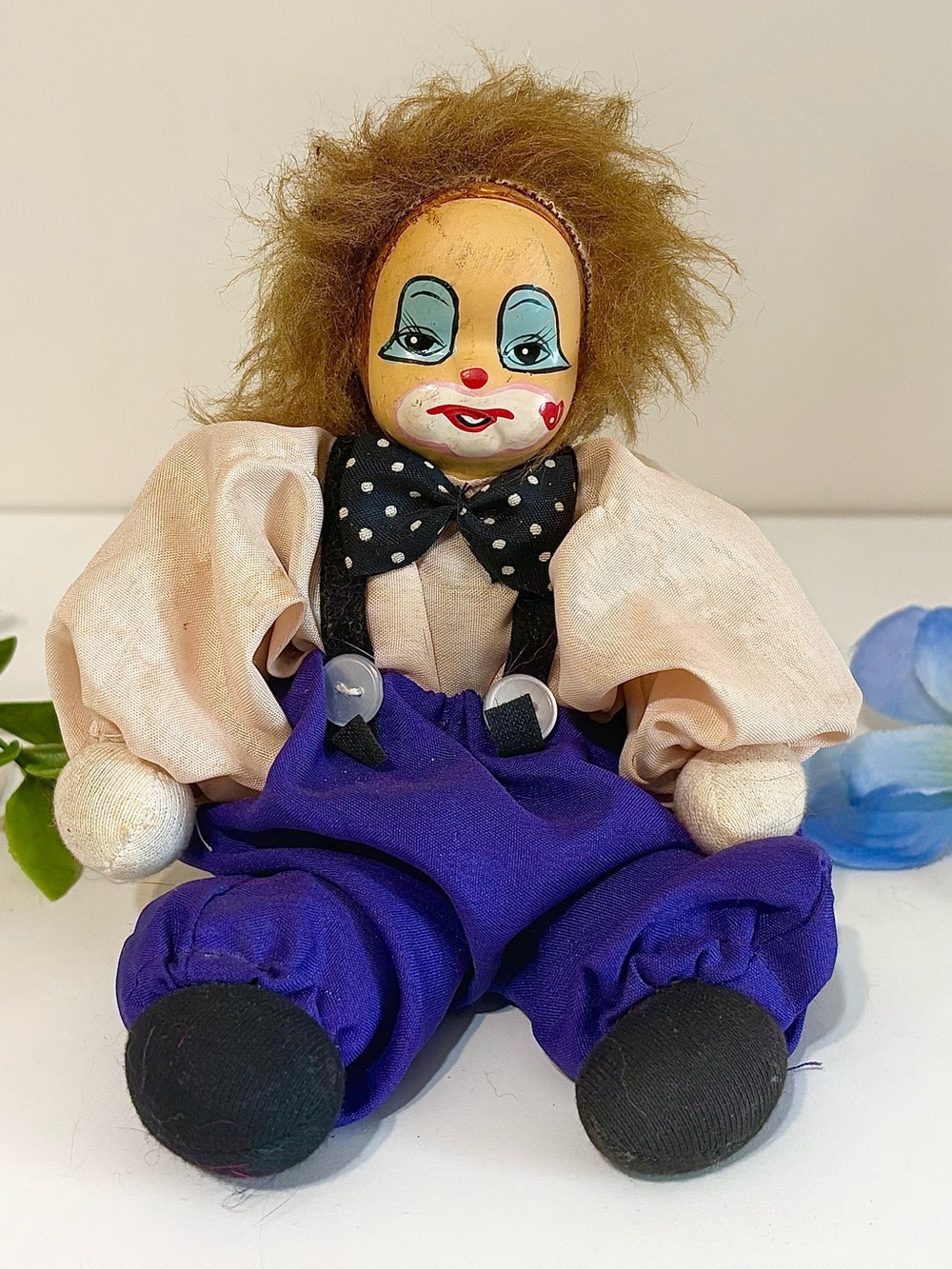 Unique Vintage Hand-Painted Porcelain Clown Doll-Sandbag/Beanbag-80s Collectible